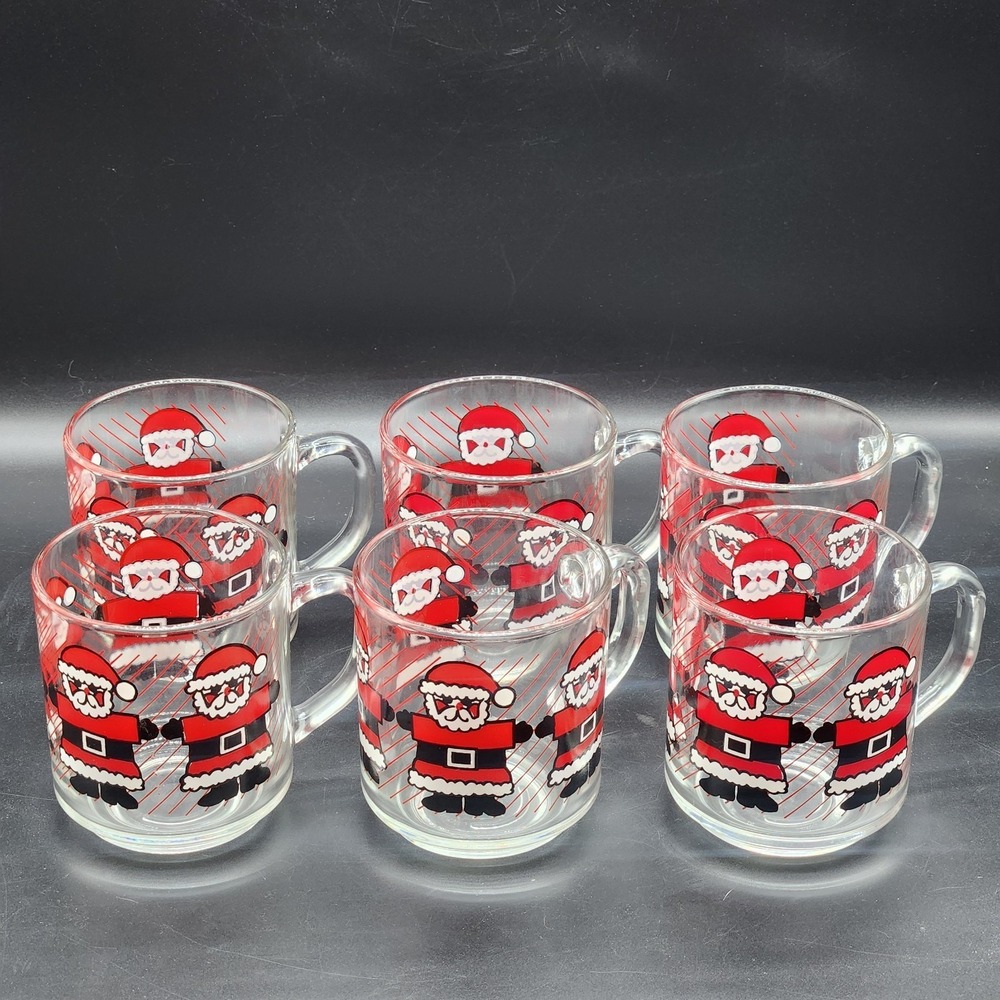 Vintage Luminarc Glass Santa Claus Mugs 10 Oz Set Of 6 Christmas Holiday